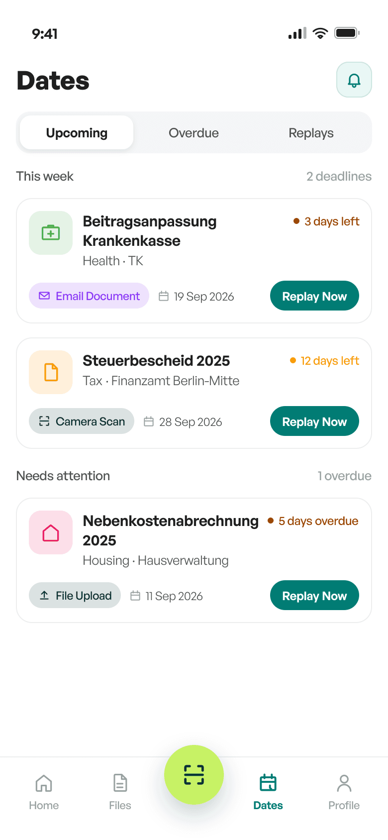 Zenpra Dates screen with upcoming and overdue deadlines