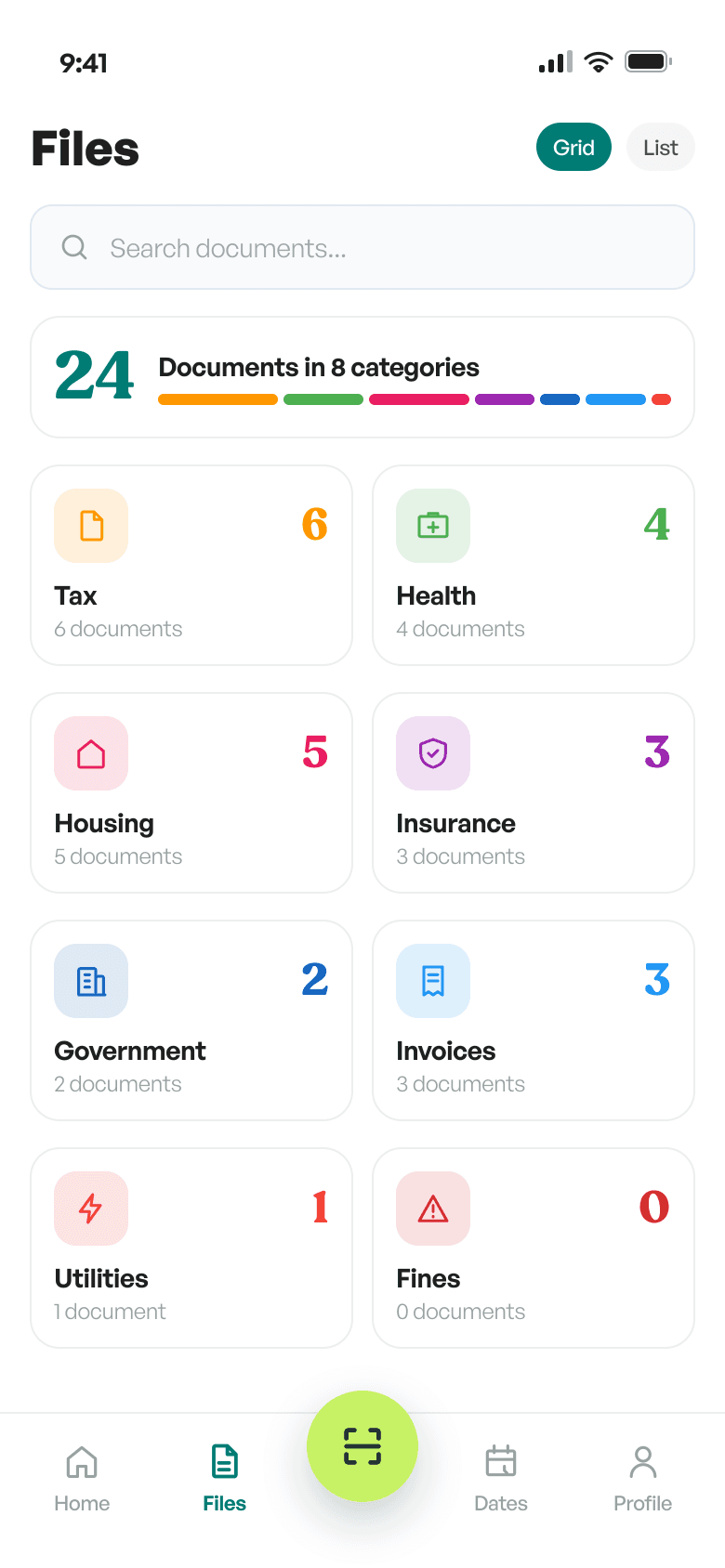 Zenpra Files screen with documents sorted by category