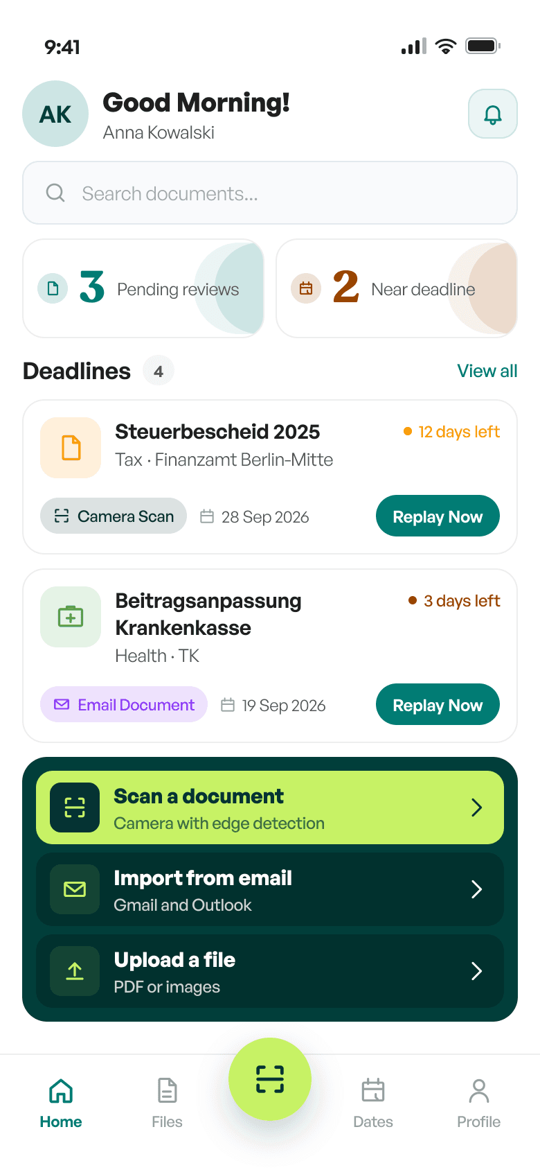 Zenpra home screen showing pending reviews, upcoming deadlines and quick actions