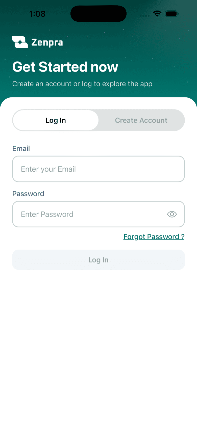 Zenpra Get Started screen with log in and create account