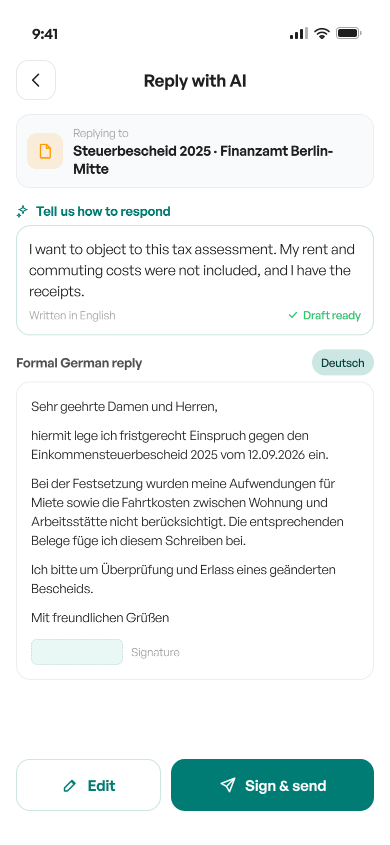 Zenpra reply screen with an English intent and the drafted formal German letter